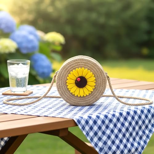 Image of Oblivion Cute Mini Round Sunflower Crossbody Purse - Lightweight Straw Style Sling Bag for Women & Girls - Small 12x12cm Travel Shoulder Bag for Shopping, Casual Outings & Summer Daily Use - 1 Pc