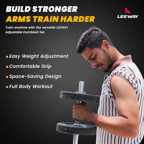 Image of Leeway 50kg Combo | Home Gym Set for Men | Barbell Rod with Plates and Dumbbell Set | Rubber Weight Plates, 3 Ft Curl + 5 Ft Rod (28mm) | Gym Equipments Zym, Jim ka Saman (50kg Set (2.5X4+5X4+10X2)