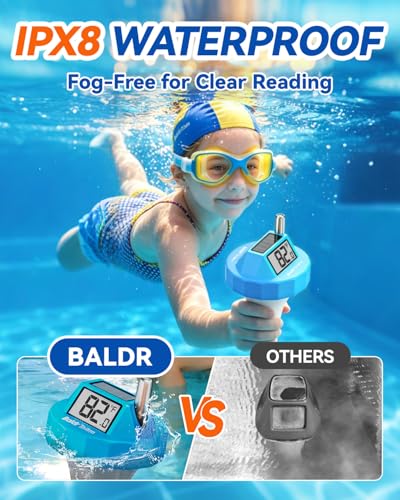 Image of BALDR Solar Pool Thermometer Floating Easy Read Large Dual LCD IPX8 | 0.9F Accuracy Wireless Pool Thermometer with Indoor Display Water Temperature Monitor 500FT for Pool, Pond, Hot Tub, Spas