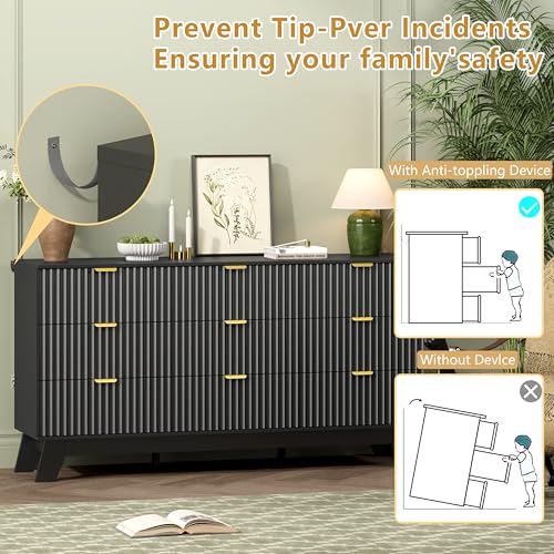 Image of Wodeer 9 Drawer Fluted Dresser for Bedroom, Mid Century Modern Dresser with 9 Drawers, Dressers & Chests of Drawers with Metal Handle, TV Stand & Storage Organizer for Entryway, Hallway, Black