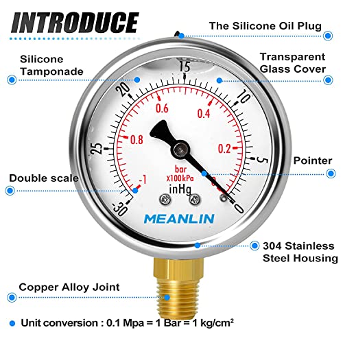 Meanlin Measure -30~0Psi Stainless Steel 1/4" Npt 2.5" Face Dial Vacuum Pressure Gauge, Lower Mount, With 1/4" X 1/2" Npt And 1/4" X 3/8" Npt Hex Bushing #TOP3
