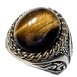 JWM Men's Stainless Steel Rings Retro Natural Large Tiger Eye Stone Rings for Men...