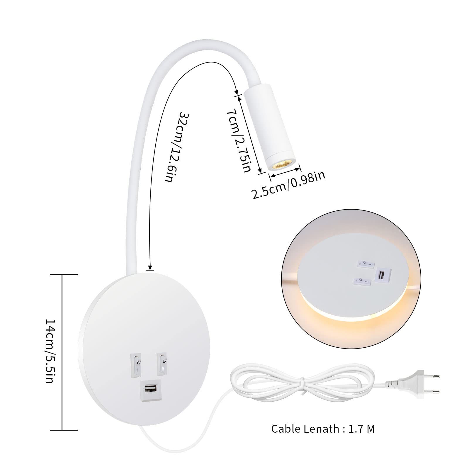ERWEY Liseuse murale, applique liseuse 3000k (3W+8W) avec interrupteur et recharge USB, col de cygne rotatif à 360° pour la chambre à coucher, avec prise et câble, blanc