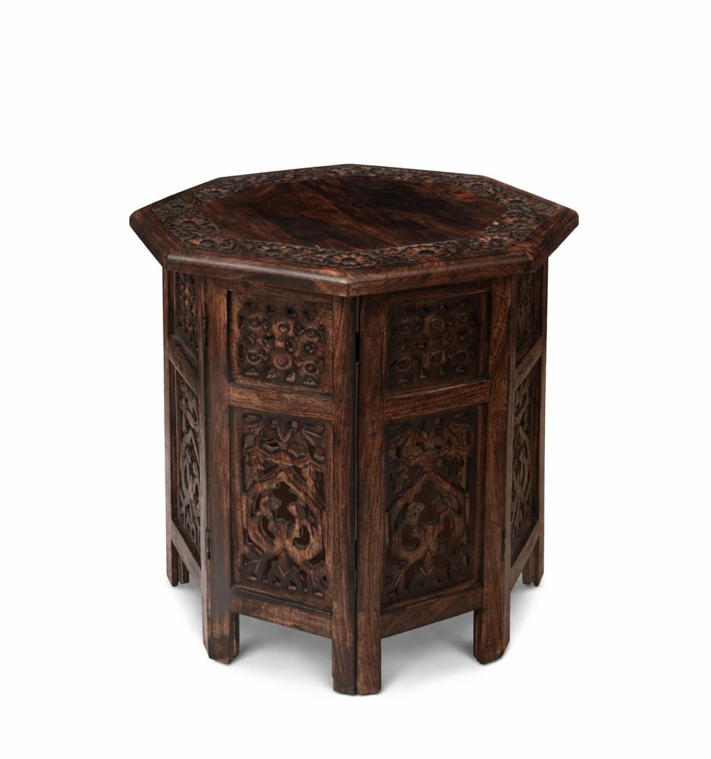 Hand Carved Boho Folding End Table 18x18", Octagon Side Stand, Burnt