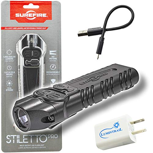 SureFire Stiletto PRO PLR-B Multi-Output Rechargeable Pocket Flashlight 1000 Lumen LED Bundle with a Lumintrail USB Wall Adapter
