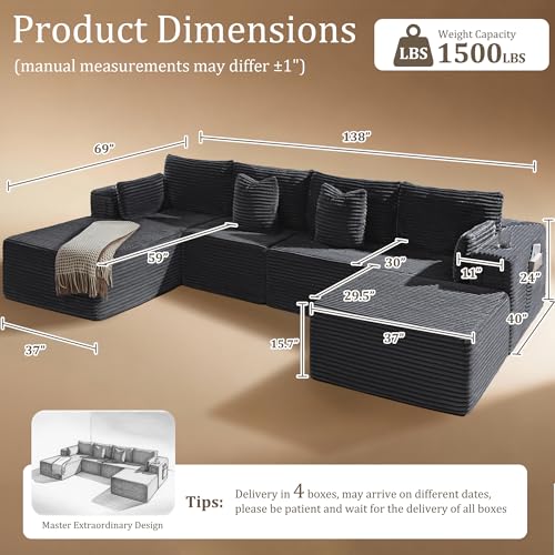 Image of 138 inch Oversized Cloud Sectional Couch, Comfort U Shaped Boneless Couch for Living Room, Extra Deep Seats No Assembly, Modular Sofa, Corduroy (Dark Grey, 3 Seater+Right Facing Chaise+Ottoman)