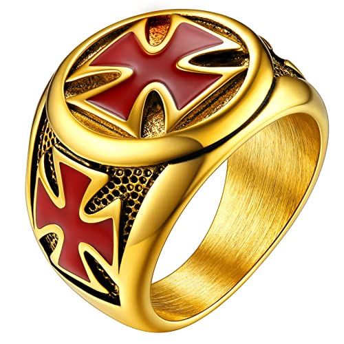 FaithHeart Mens Stainless Steel Crusader Jerusalem Cross Ring with 18K Gold Plated Two Tone Ring Size 7,8,9,10,11,12 01. Cross-Black 7