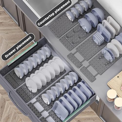 Image of Pegboard Kitchen Drawer Organizer Utensil Tray Divider for Bowls, Plates & Cutlery Storage, Expandable Drawer Organizer for Kitchen Cabinet & Dish Drying Rack