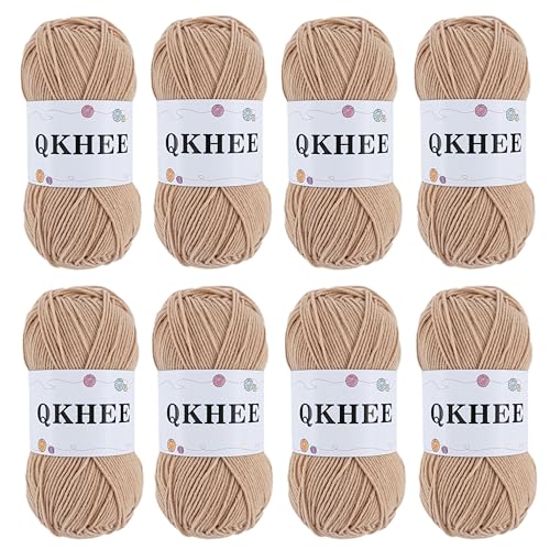 Image of QKHEEYarn for Crocheting and Knitting 8 * 1.76 Oz (50G) /195yd,Fine /Fingering Weight (1), 60% Cotton 40% Acrylic Soft Yarn kit for Making Granny Squares and amigurumi (18 Khaki)