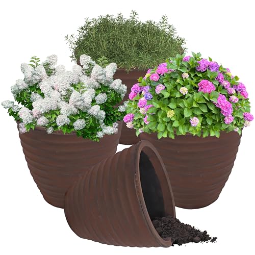 Sunnydaze Ribbed 16-Inch Double-Walled Outdoor Plant Pot - Rust - Set of 4