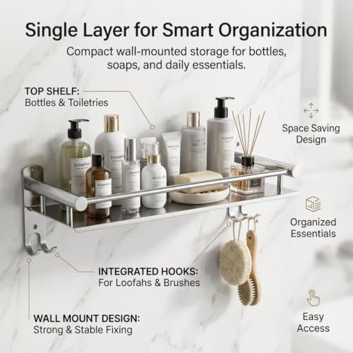 Image of Well Set Stainless Steel Double Layer Bathroom Shelf | Wall Mounted Rack with Towel Bar & Hooks
