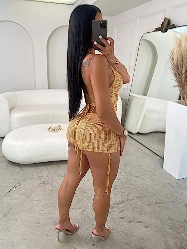 KANSOON Sexy Two Piece Outfits for Women Sequin Knit Backless Irregular Halter Tank Top Crochet Shorts Set with Shades3