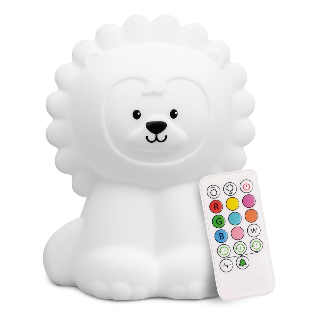 Lumipets Remote Control Silicone Night Light for Kids - Lion Design with 9 Soft Colors & Sleep Timer - Rechargeable, Battery-Operated Lamp for Bedroom | Baby Nursery, Toddler, Girls, Boys