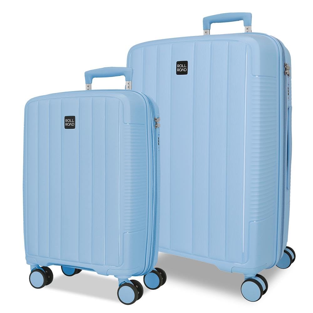 Joumma Roll Road Acadia Light Blue Luggage Set 55/65 cm Rigid Polypropylene Integrated Combination Padlock 105L 6kg 4 Double Wheels Extendable Hand Luggage