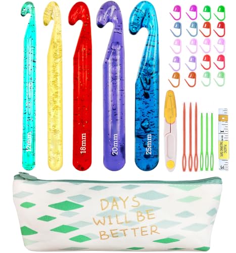 Weabetfu 5 Large Crochet Hook 25mm 20mm 18mm 15mm 12mm Size Crochet Hook Large Crochet Hook for Chunky Yarn 24PCS Big Crochet Hook 10mm-25mm Crochet Hook with Case (Colourful)