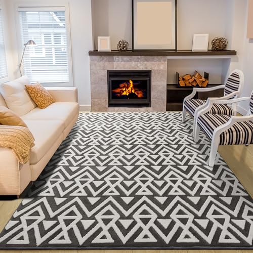 Unirea Geometric Shag Area Rugs for Bedroom Living Room 5x8 Feet Machine Washable Large Rug Memory Foam Fluffy Carpet for Kids Room Dorm Nursery Classroom Play Mat Accent Home Decor, Dark Grey