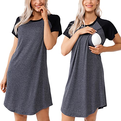 Image of AGKRUNN Women Sleepshirts 3 in 1 Labor/Maternity/Nursing Nightgown Short Sleeve Breastfeeding Sleep Dress XS-3XL