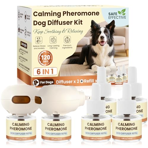 Dog Pheromones Calming Diffuser to Calm Dogs 6 IN 1 Kit (2 Diffusers+4 Refills) Pheromone Plug In for Stress Barking Pee Accidents Chewing Aggression Separation Anxiety Relief 120 Days(Odorless)