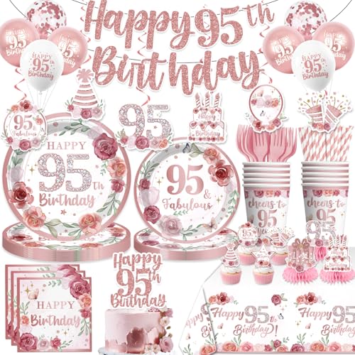 200pcs 95th Birthday Decorations, Fabulous 95th Birthday Plates and Napkins Set with Pre-threaded Banner Tablecloths and Cupcake Toppers Floral 95th Birthday Decorations Serve 25