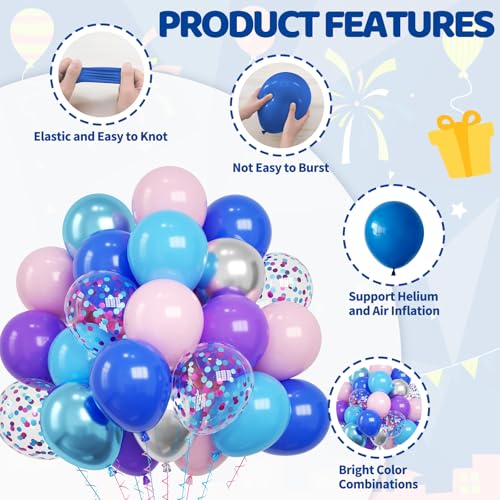 Image of Pink and Blue Balloons, 60PCS Dark Light Blue Purple Party Balloons, 12 Inch Pastel Confetti Pastel Pink Metallic Silver Balloon Helium for Kids Baby Shower Gender Reveal Birthday Party Decorations