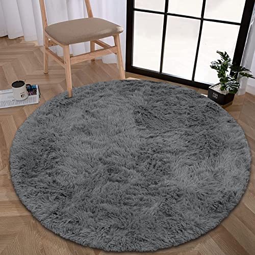 Enyhom Rund Hochflor Fluffy Teppich Plüsch Wohnzimmer Dicker Teppich Waschbar Samt Shag Teppich rutschfeste Weich Großen Teppiche für Sofa Schlafzimmer Bettvorleger Dekoration, 120 cm Grau Cover