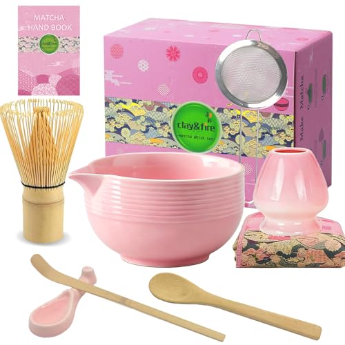 Clay&Fire Matcha Set, 9 Teiliges Matcha Besen Set - Bambus Matcha Whisk, Matcha Schale mit Auslauf, Japanisches Matcha Kit für Matcha-Liebhaber, Weihnachtsgeschenke,Geschenk (Streifen Rosa)