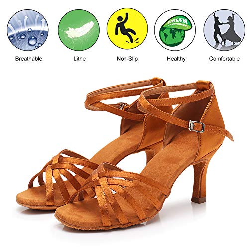 Ykxlm Women's Satin Latin Dance Shoes Ballroom Salsa Tango Professional Performance Practice Dancing Shoes,1213-7.5,Brown,8.5 Us #TOP2