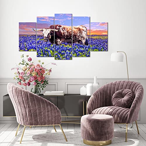 Ryounoart 5 Piece Cow Canvas Wall Art Texas Longhorn In Bluebonnet Field Painting Pictures Western Farm Artwork For Home Living Room Office Wall Decor Ready To Hang #TOP2