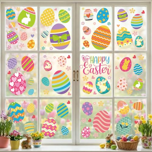 Image of 9 Sheets Easter Window Clings for Glass Windows Easter Decorations for Home | Easter Eggs Window Stickers, Happy Easter Decor for Parties, Bunny Rabbit Spring Summer Decals for Home, Office, Classroom