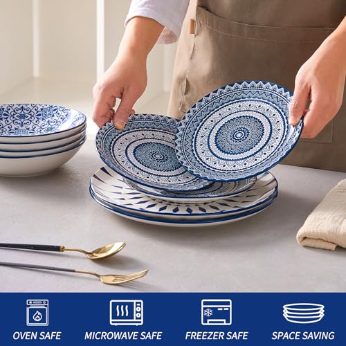 Image of Bestone Ceramic 12-Pieces Dinnerware Sets, Ceramic Dish Plates and Bowls Sets, Dishes Set for 4, Dinner Salad Dessert Plates, and Cereal Bowls Set, Gift,Vintage Blue