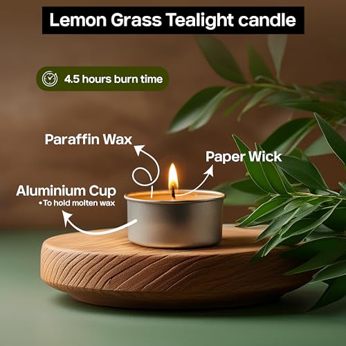 Image of Kriti Life Lemon Grass Scented Tealight Candles - 100% Paraffin Wax, Smokeless, Long Burn Time (4.5 Hours), Dripless Yellow Candles for Home Decor, Diwali, Weddings & Meditation - Set of 50