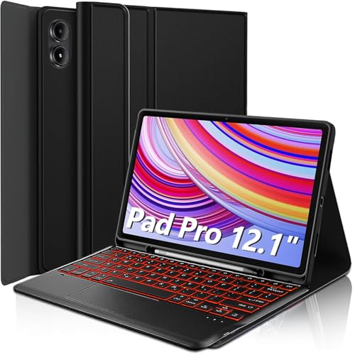 LDSOYIA Touchpad Keyboard Case for Xiaomi Redmi Pad Pro 12.1 Inch 2024, 7 Colors Backlight Wireless Trackpad Keyboard PU Folio Stand Cover Case with Pen Holder for 12.1” Redmi Pad Pro 2024