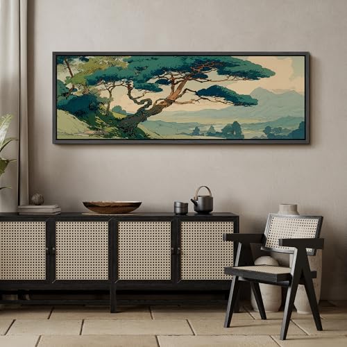 Image of MUDECOR Large Framed Canvas Print Wall Art Vintage Japanese Pine Tree Landscape Oriental Antique Retro Ready to Hang Painting for Living Room Bedroom Multi-Sizes - 60 inchx20 inch