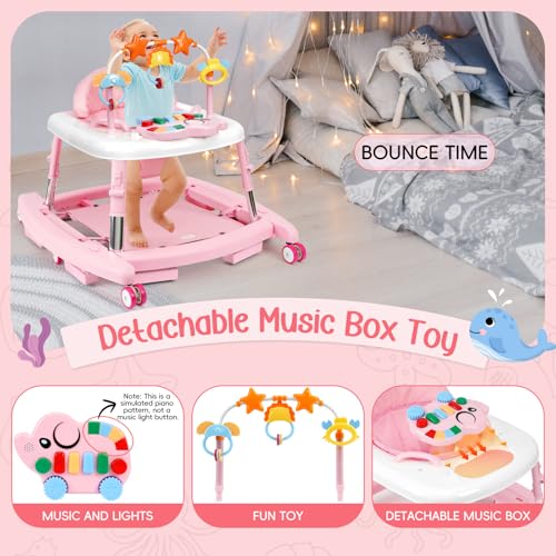 CiuseiAnx 5 in 1 Baby Walker Foldable Music and Lights with 5 Adjustable Heights, Baby Walker with Wheels Portable, Infant Toddler Walker for Baby Boy Girls 6-18 Months (Pink)