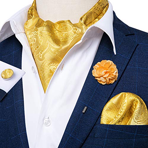Image of DiBanGu Mens Silk Ascot Ties Paisley Jacquard Woven Cravat and Pocket Square Cufflinks with Lapel Pin for Business Wedding