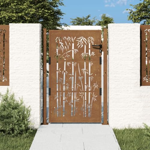 Festnight Gartentor Edelstahl gartentür Zauntor Gartenzaun Zauntür Hoftür Metalltor Einfahrtstor Abschließbar Tür Tor Gartenpforte Rostig-Bambus-Design 105 x 130 cm