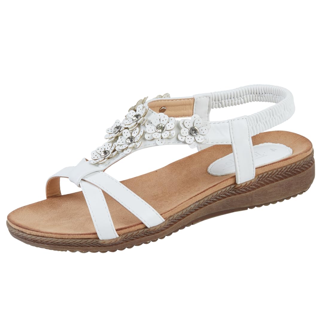 Jo & Joe Ladies Flower Diamante T-Bar Low Wedge Slingback Sandals
