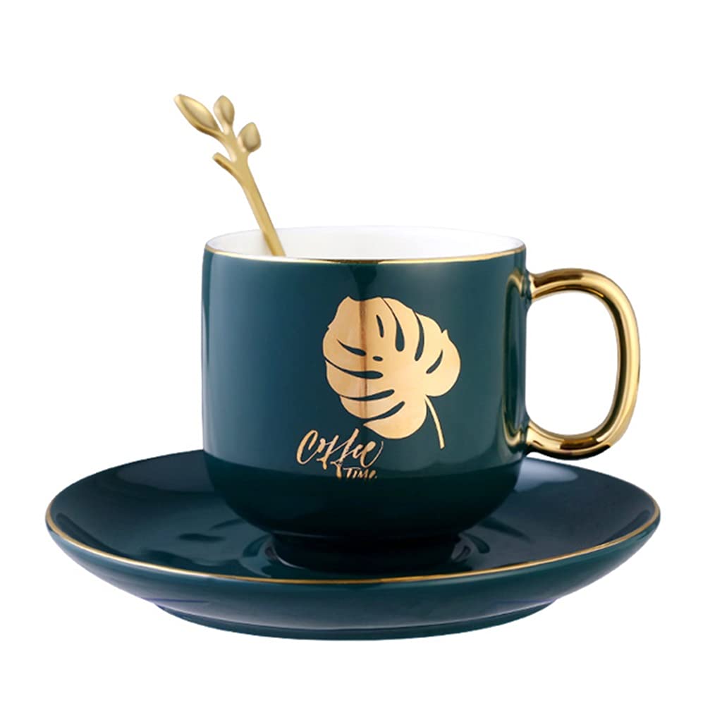 Porcelana Taza de té y Platillo Conjunto Taza de Café, 6 oz Taza de Taza de café con platillo para Latte, Café, té, Porcelana de Primera Calidad Patrón de Hoja de rima de Oro Hecho a Mano.