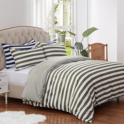 Sunstyle Home Duvet Cover King Queen Twin Line Duvet Cover Microfiber Bedding Olive Green Stripes Duvet Cover 3-Pieces Set, 1 Duvet Cover And 2 Pillow Shams (Queen) #TOP2
