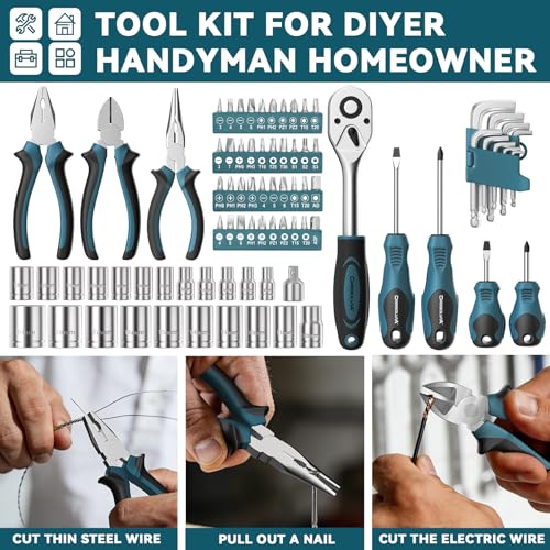 Image of Home Tool Kit 199 Piece Basic Household Auto Repair Tool Set Car Toolbox General Hand Tool Kit for Home Men Women DIY with Plastic Toolbox (Blue and black)