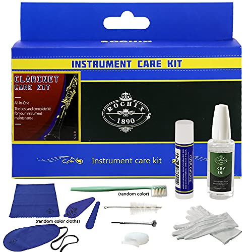 Rochix Clarinet Cleaner Care Cleaning Kit,Maintenance Kit,Key Oil,Cork Grease,Swab,Cleaning Cloth,Thumb Rest,Mouthpiece Brush and More(Random Color Cloths)