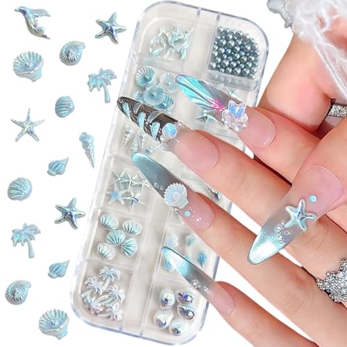 3D Beach Nail Charms Set Aurora Blue Starfish Shell Conch Coconut Tree Fishtail Pearl Nail Rhinestones Decorations Summer Sea Ocean Palm Tree Nail Gems and Charms for Women Nails Design Accessories