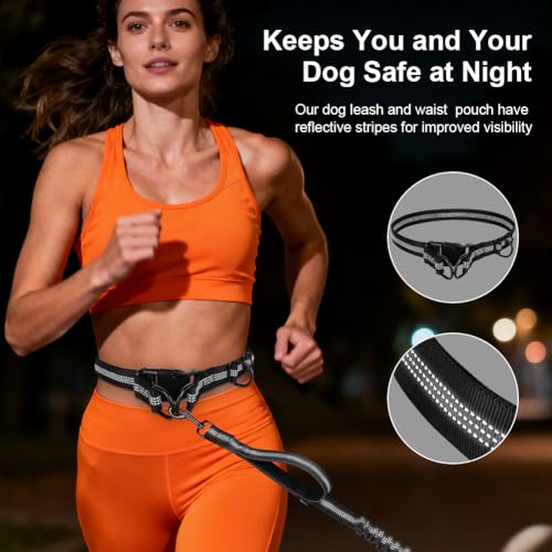 OFFCUP Joggingleine Hunde Hundeleine Freihändig, Dual Griffe Reflektierende verstellbar 124-180cm, Hunde Freihändig Hundeleine für Große und Mittelgroße Hundes bis zu 50 kg, Schwarz