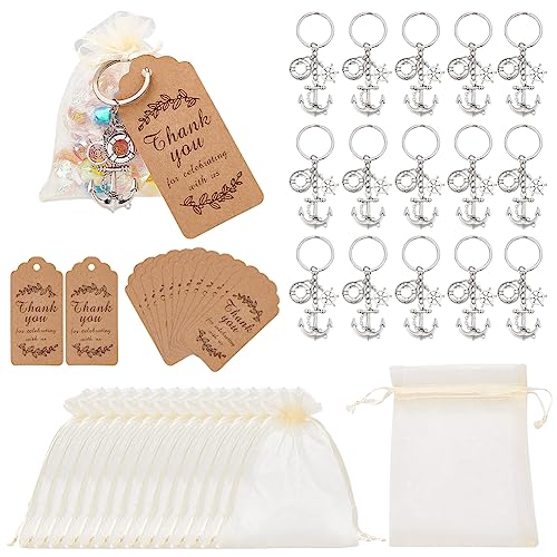 BENECREAT 16 Stück Nautische Partygeschenke, Anker & Ruder & Rettungsring Schlüsselanhänger Mit Preisschild Aus Kraftpapier Und Organza-Geschenkbeutel Zur Party-Dekoration