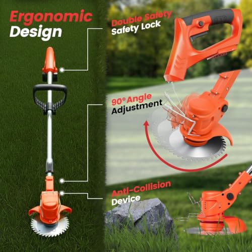 Image of Cordless Grass Cutter Machine for Garden | Weed Cutting Tool | Easy Storage with Adjustable Height & Foldable Handle | 2 x 48V Battery | 25cm Cutting Width | 3 x Heavy-Duty Blades (Old-Orange)