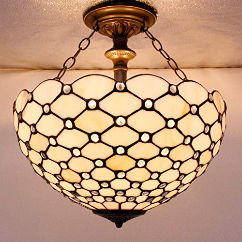 Image of WERFACTORY Tiffany Ceiling Light Fixture Stained Glass Semi Flush Mount 16 inch