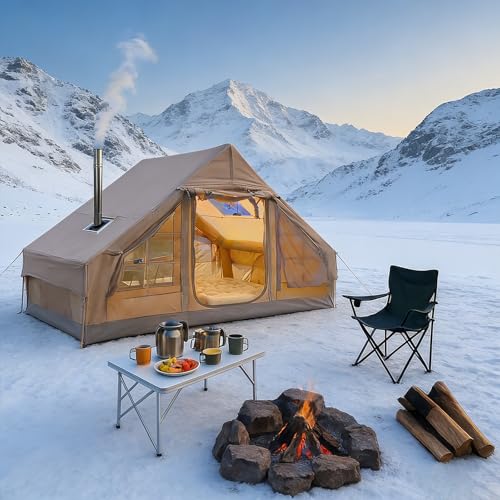 9.8' x 7' Inflatable Camping Tent,4 Season Blow up Tents for Camping, 4-6 Person Inflatable Hot Tent with Stove Jack, Air Tent,Glamping Waterproof Luxury House with Mesh Window