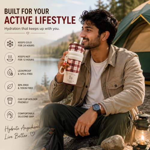 Image of DAZUFIO 710ML Insulated Tumbler with Straw & Lid | Stainless Steel Travel Mug with Handle | Leakproof BPA Free Sipper Bottle for Office Gym Travel | Hot Cold Coffee Cup - Horse Print