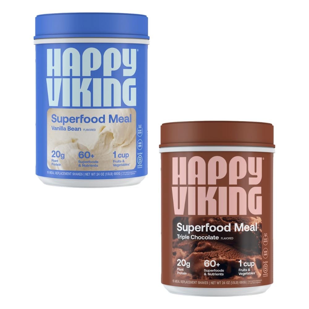 Happy Viking Vanilla and Chocolate Protein Powder, by Venus Williams, 20G Protein, Low Carb, Keto, Vegan, Gluten-Free, Superfoods, Complete Meal Replacement, 2 Canisters (24 oz. Each)