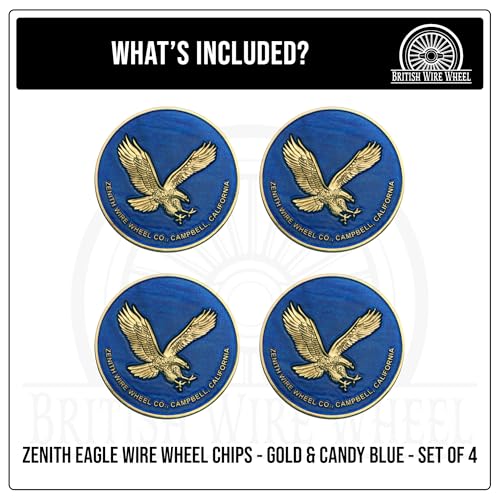 Image of Zenith Eagle Gold & Candy Blue Metal Wheel Chip Emblems (Set of 4) | 24K Triple Gold Plated Solid Metal Wheel Chip Emblems, 2.25 inch | for Lowriders w /Recessed Knock Off Spinner Caps